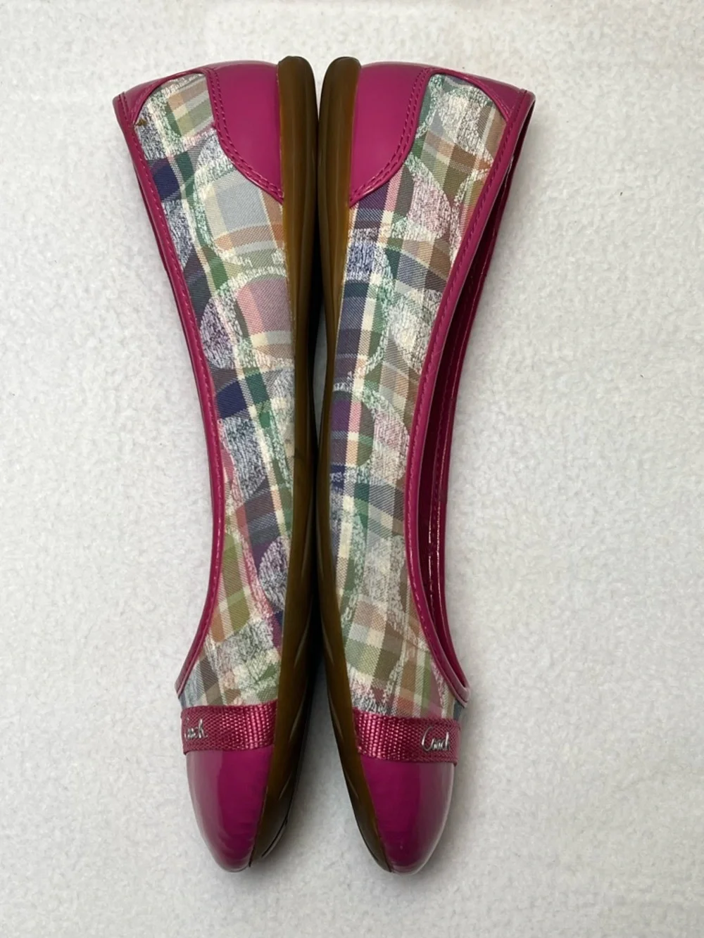 Coach Pink Plaid Cap-Toe Ballet Flats with Logo Ribbon - Picture 8 of 13